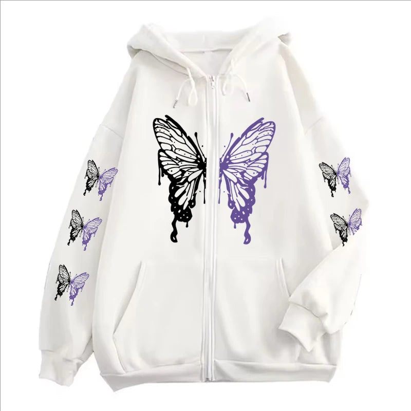 Butterfly Zipper Hoodie Women Purple Graphic Fleece Coat