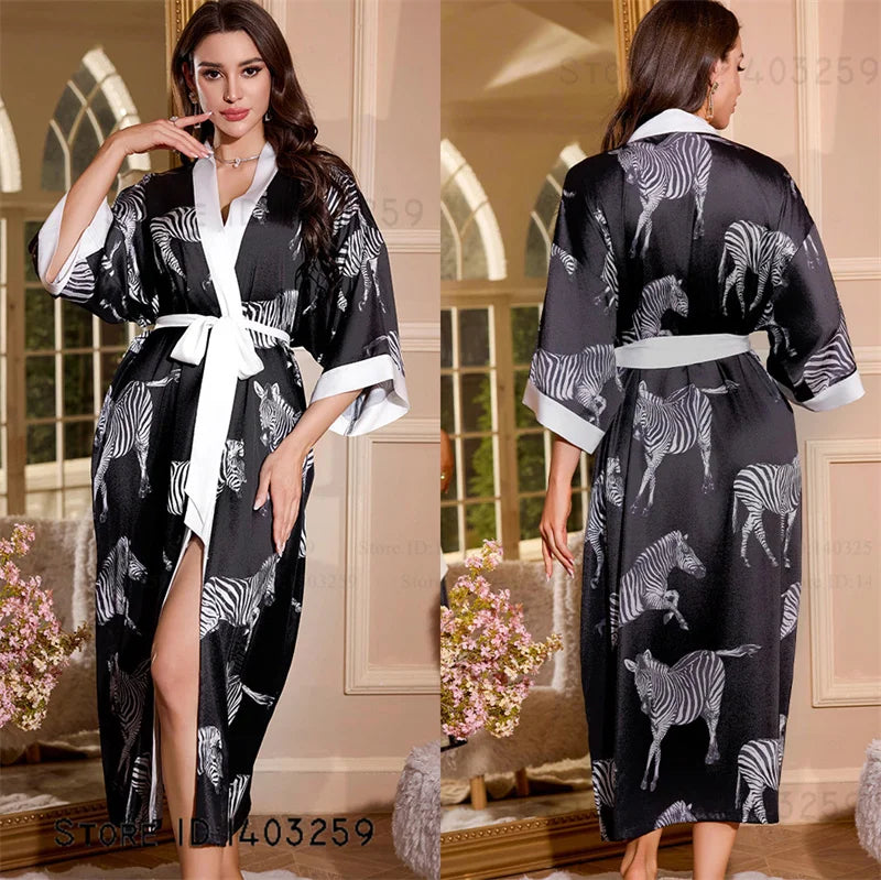 Satin Kimono Robe Chinese Style Long Bathrobe for Women