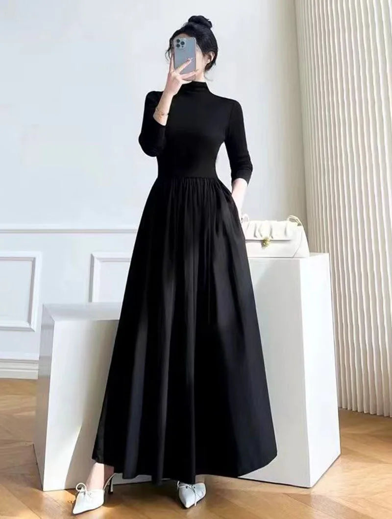 Black A-Line Dress French Style Long Sleeve Midi Dress