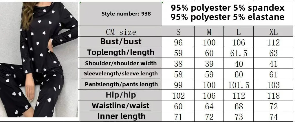 Women Pajamas Set Love Print Long Sleeve Sleepwear