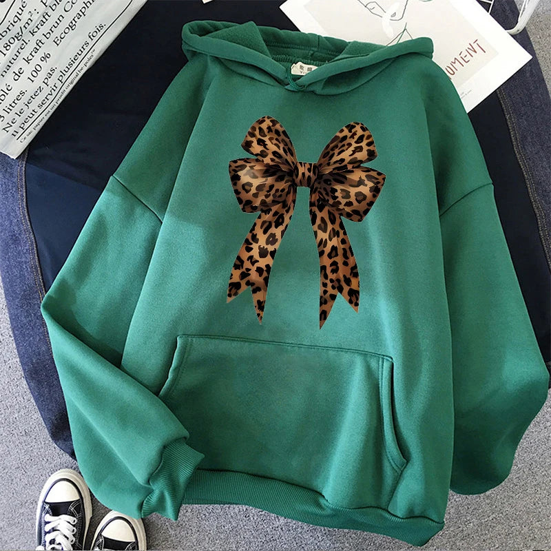 Leopard Print Hoodie Bow Heart Love Graphic Pullover