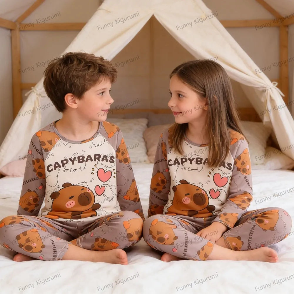 Kids Cartoon Pajama Set Capibara Long Sleeve Sleepwear