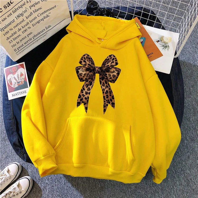 Leopard Print Hoodie Bow Heart Love Graphic Pullover