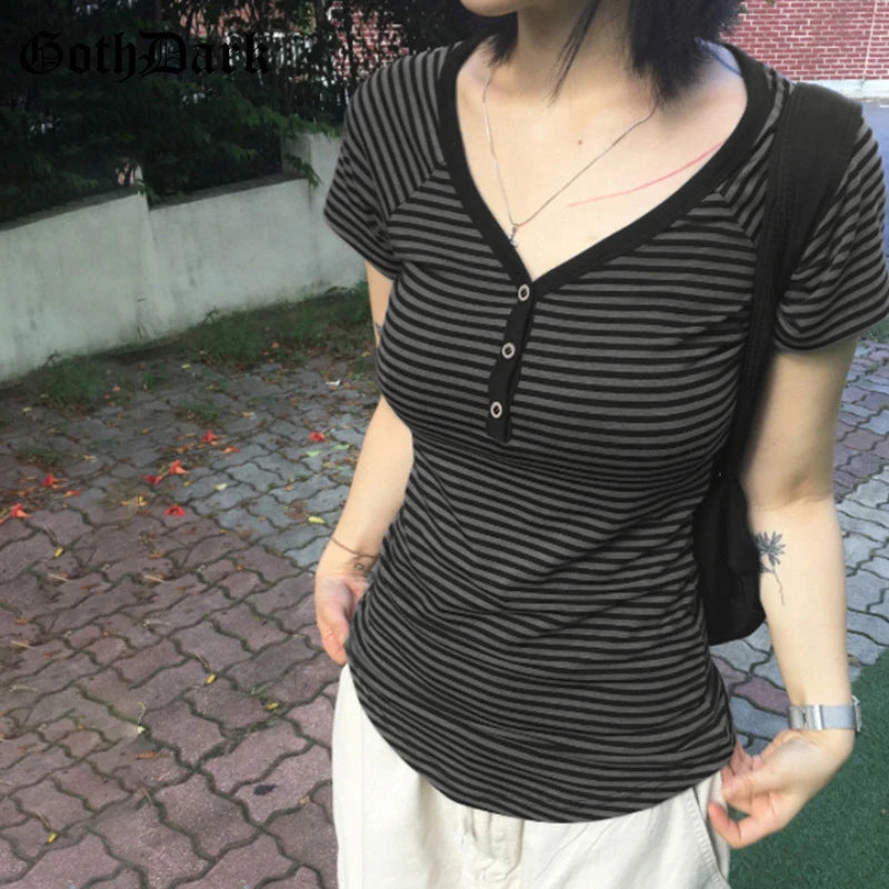 Goth T-Shirt Striped V-Neck Button-Up Slim Top