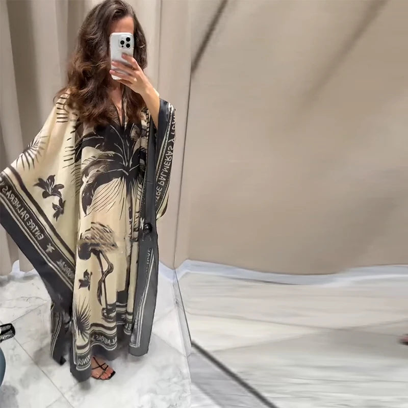 Floral Maxi Dress Oversize V-Neck Beach Dress for Women