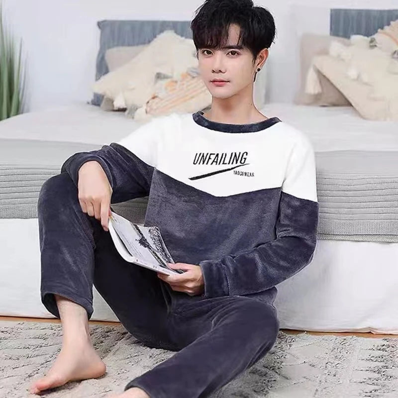 Men Coral Fleece Sleepwear 2 Piece Long Sleeve Pajama Set