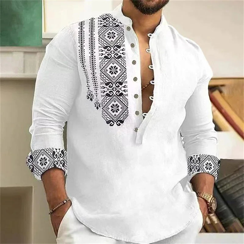 Men Linen Shirt Button Cardigan Retro Slim Fit Top