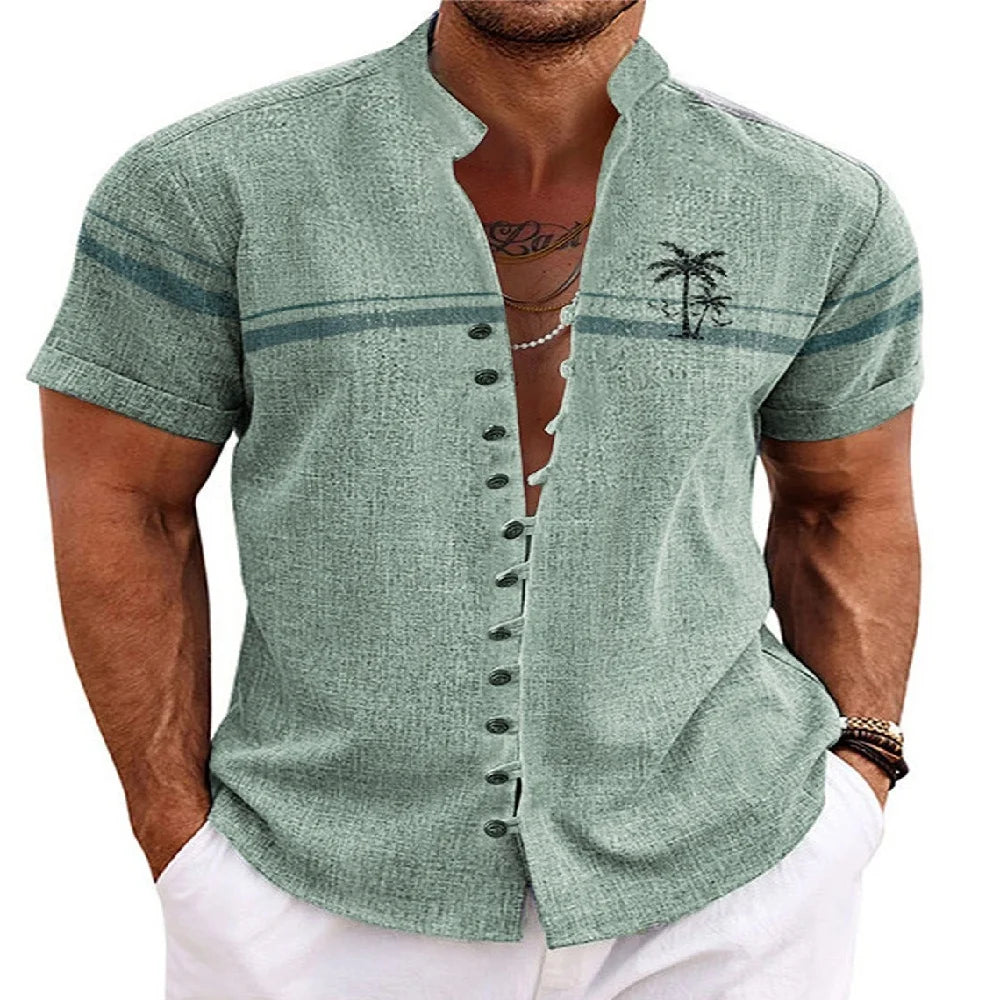 Men Linen Shirt Short Sleeve Retro Ethnic Print Shirt