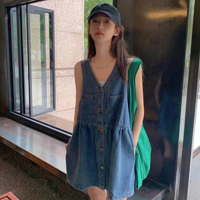 Denim Mini Dress Sleeveless A-Line Korean Style Dress