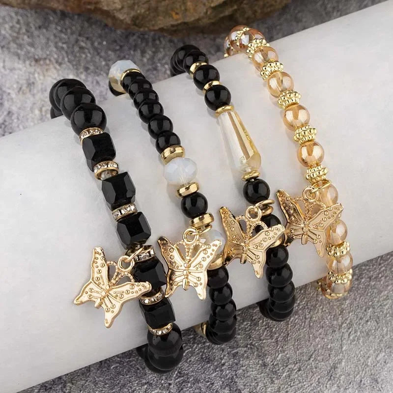 Butterfly Beaded Bracelet Set 4Pcs Pink Acrylic Beads for Women