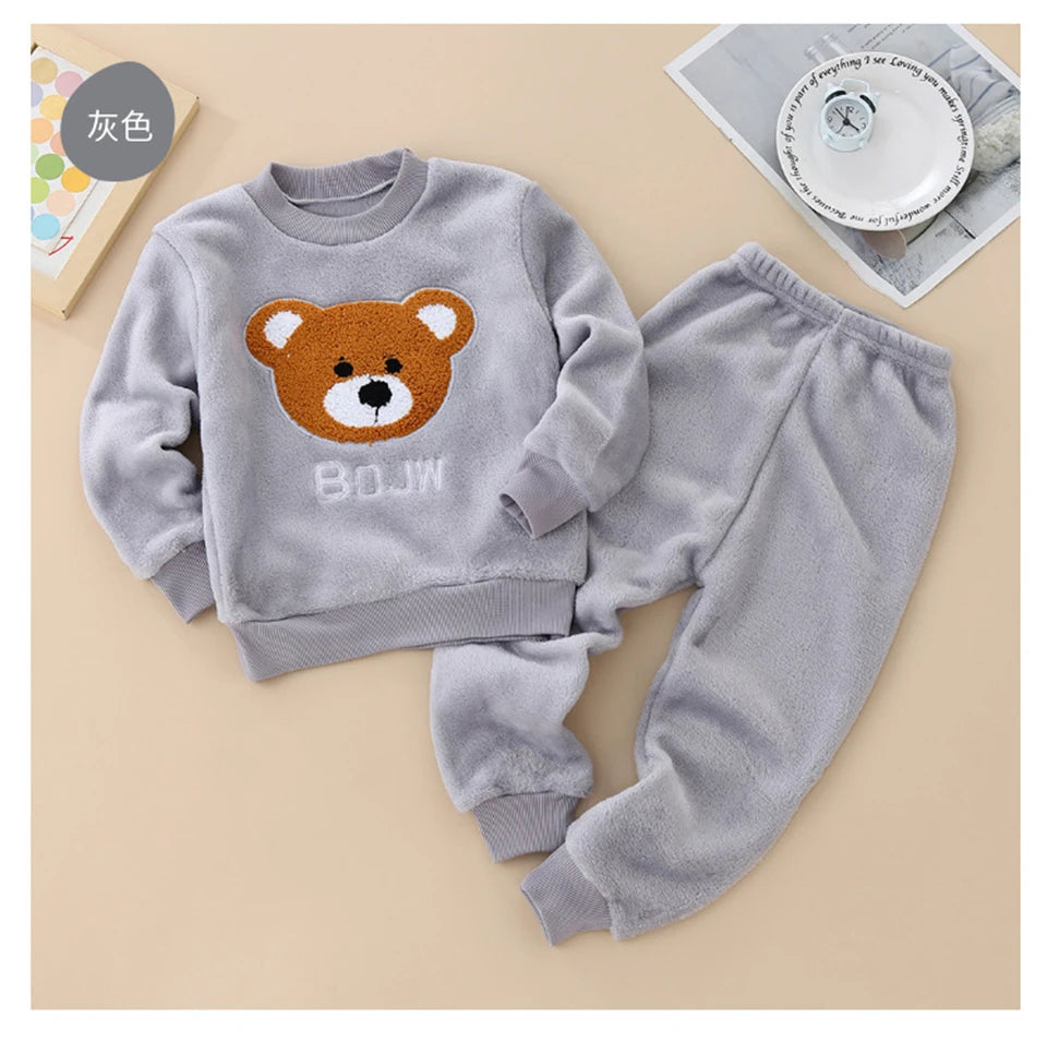 Kids Flannel Pajamas 2Pcs Warm Coral Fleece Sleepwear