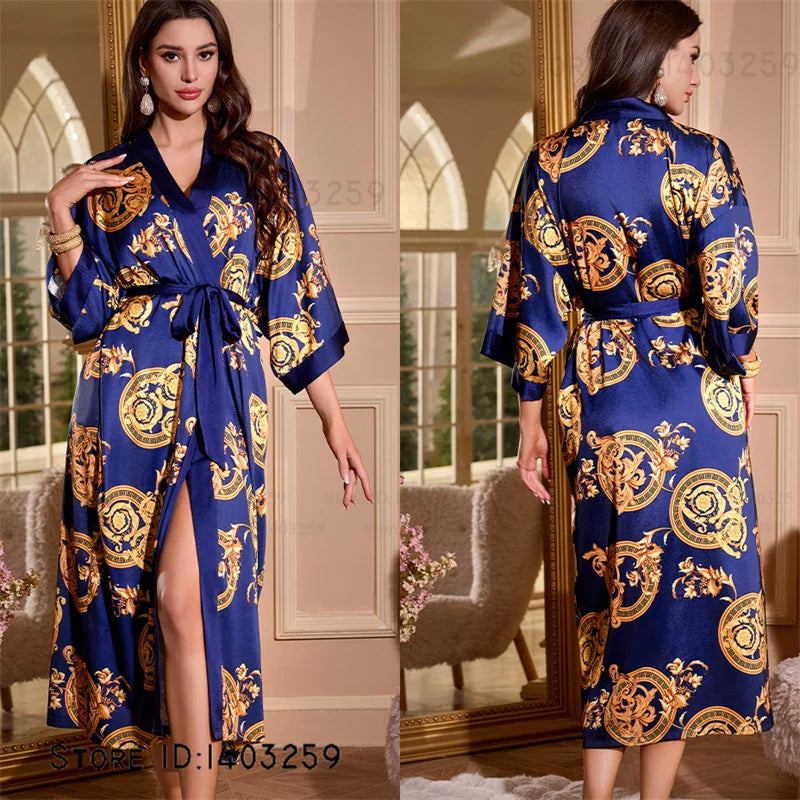 Satin Kimono Robe Chinese Style Long Bathrobe for Women
