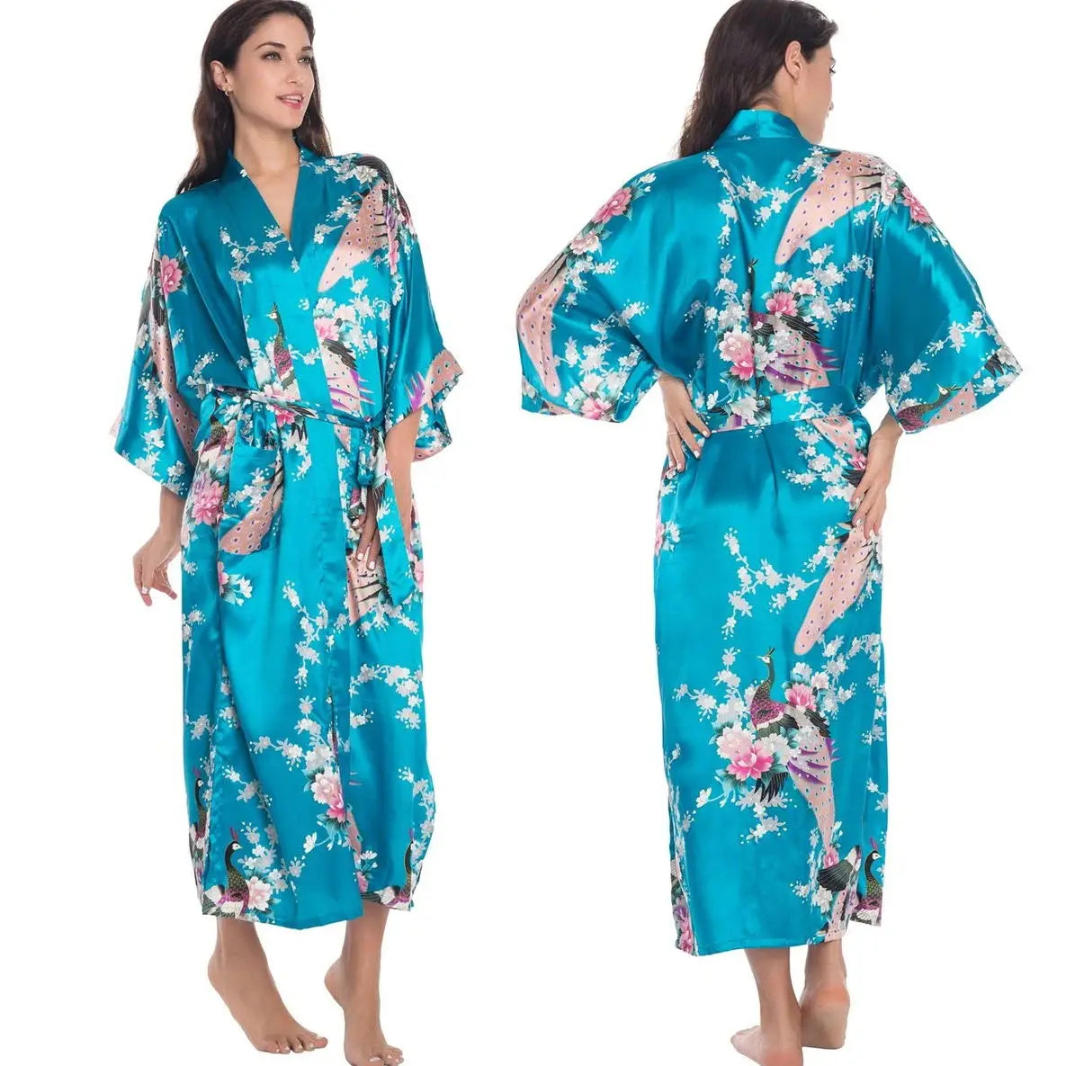 Satin Kimono Robe Chinese Style Long Bathrobe for Women