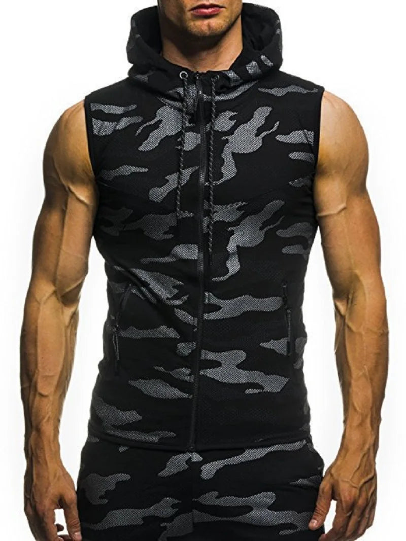 Men Sleeveless Hooded Vest Zipper Streetwear Cardigan