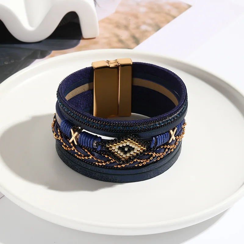 Leather Bracelet for Women Multilayer Handwoven Magnetic Bangle