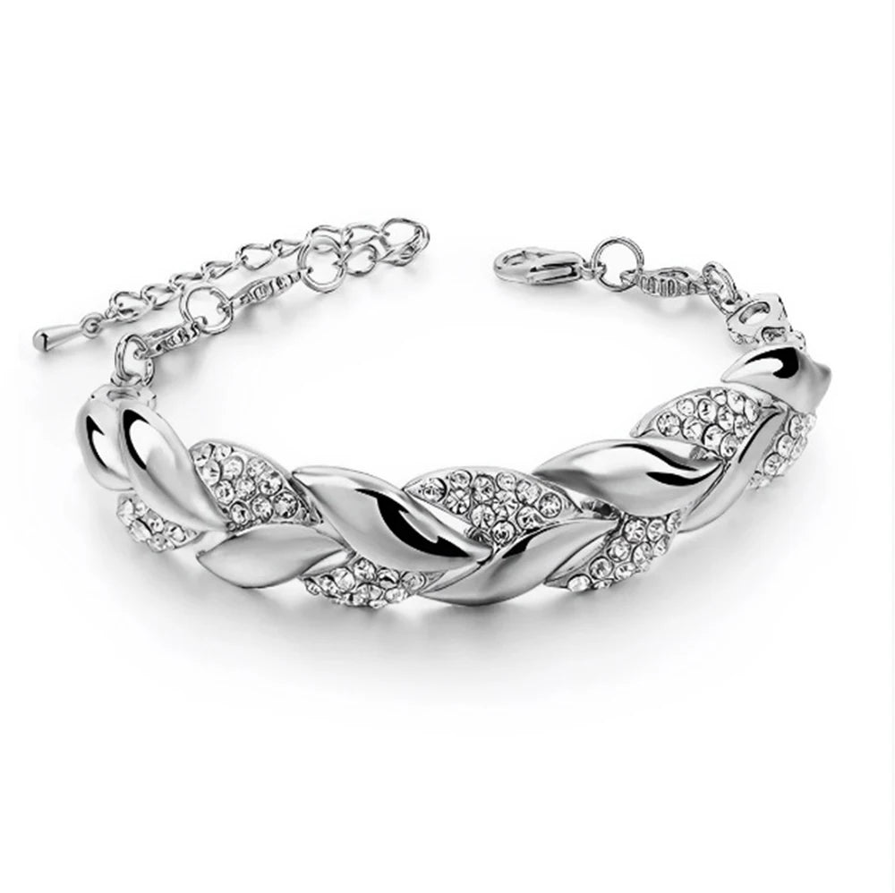 Luxury Braided Leaf Bracelet with Crystal Charm for Women