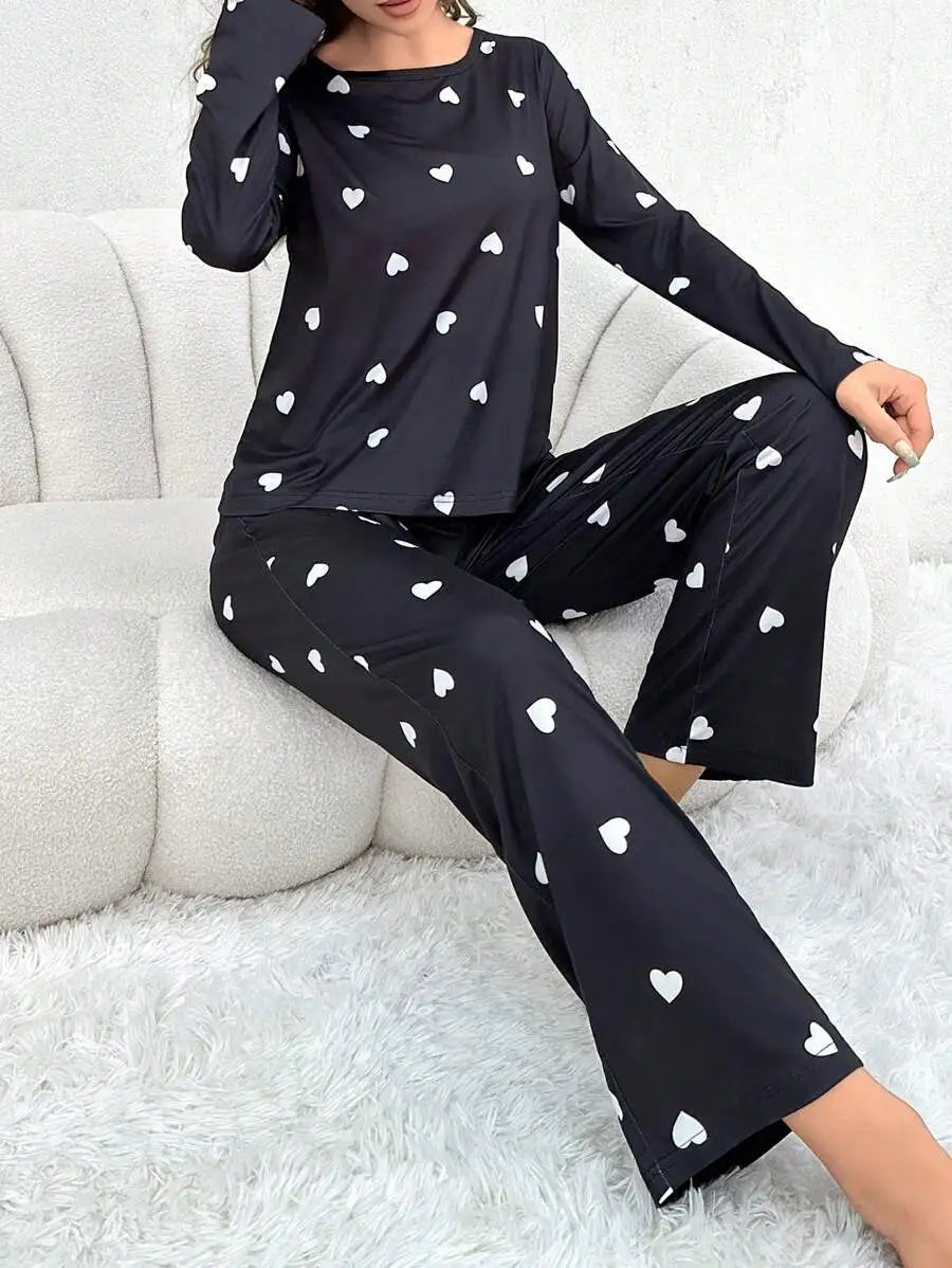 Women Pajamas Set Love Print Long Sleeve Sleepwear