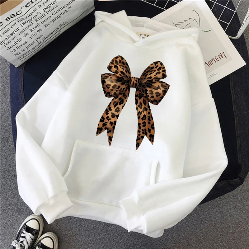 Leopard Print Hoodie Bow Heart Love Graphic Pullover
