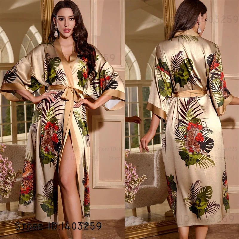 Satin Kimono Robe Chinese Style Long Bathrobe for Women
