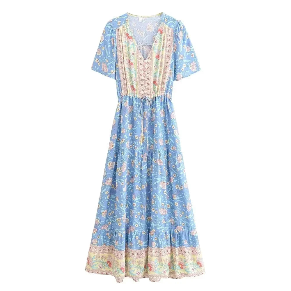 Bohemian Maxi Dress Floral Print Tie Neck Beach Dress