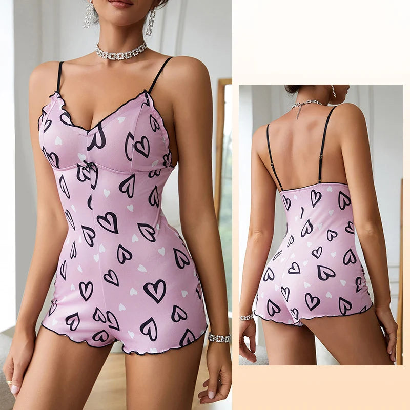 One-Piece Pajamas Red Lip Print V Neck Sleepwear