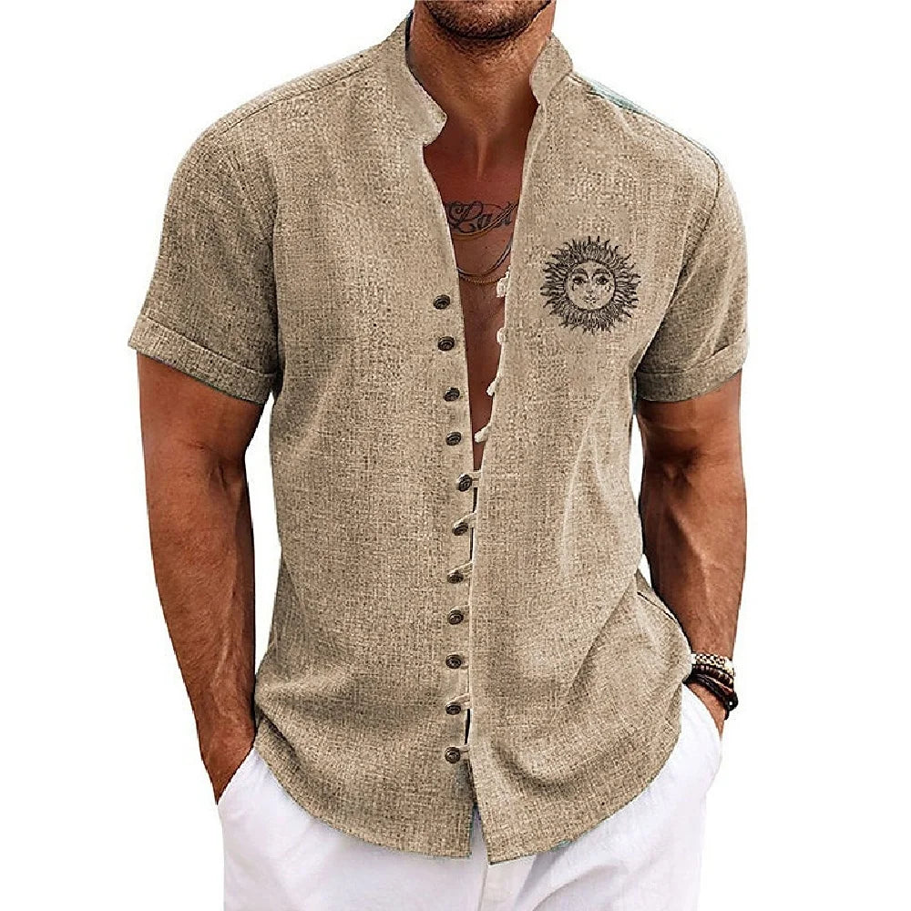 Men Linen Shirt Short Sleeve Retro Ethnic Print Shirt