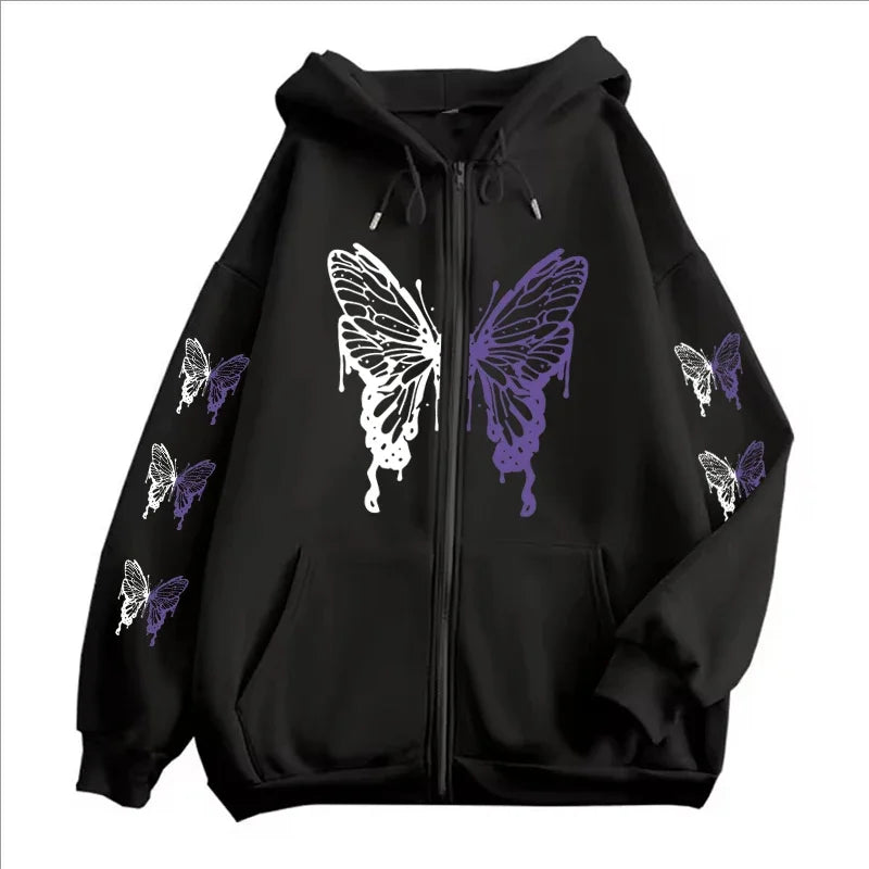 Butterfly Zipper Hoodie Women Purple Graphic Fleece Coat