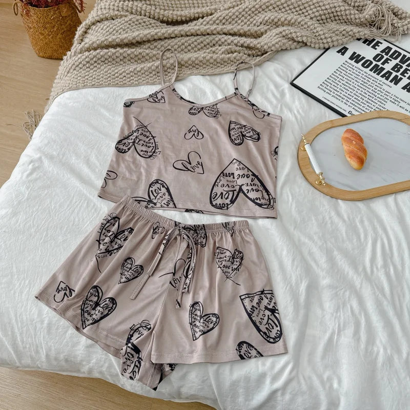Printed Cami Pajama Set Sleeveless Top and Shorts Sleepwear