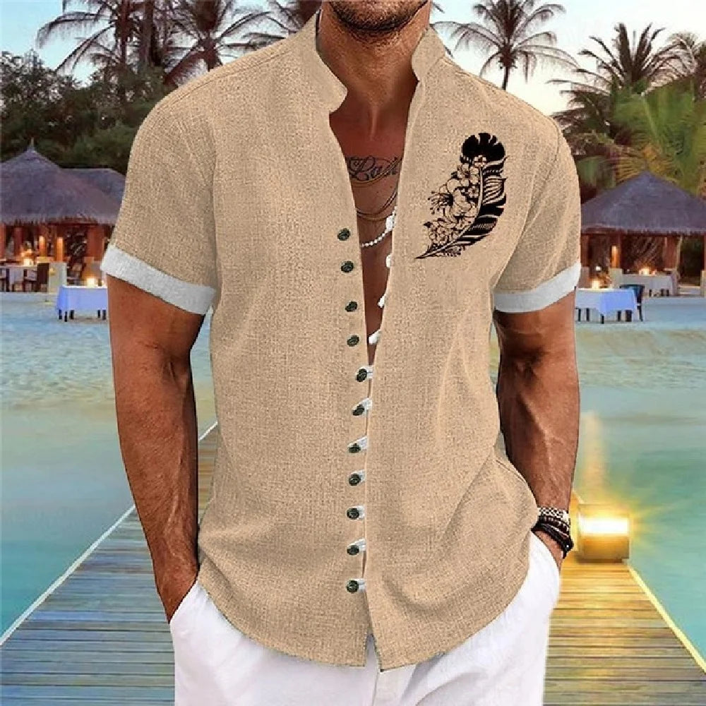 Men Linen Shirt Short Sleeve Retro Ethnic Print Shirt
