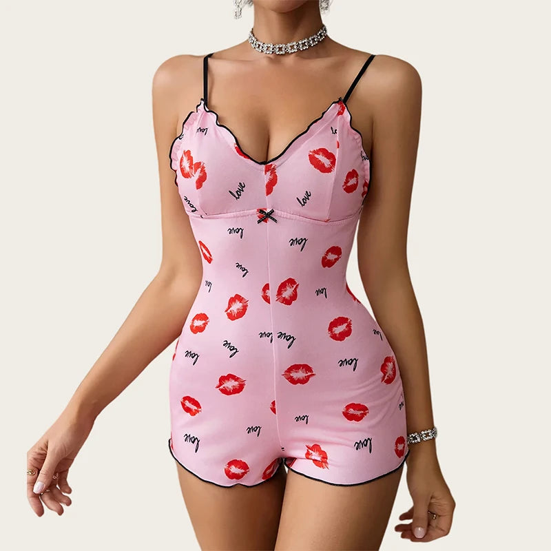 One-Piece Pajamas Red Lip Print V Neck Sleepwear