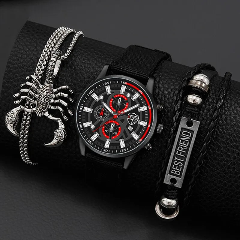Mens Watch Set 3PCS Quartz Watch Necklace and Bracelet