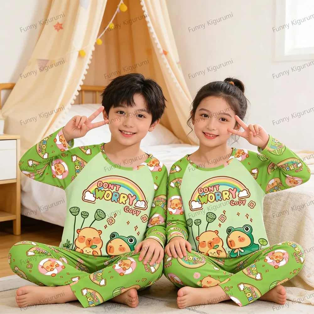 Kids Cartoon Pajama Set Capibara Long Sleeve Sleepwear