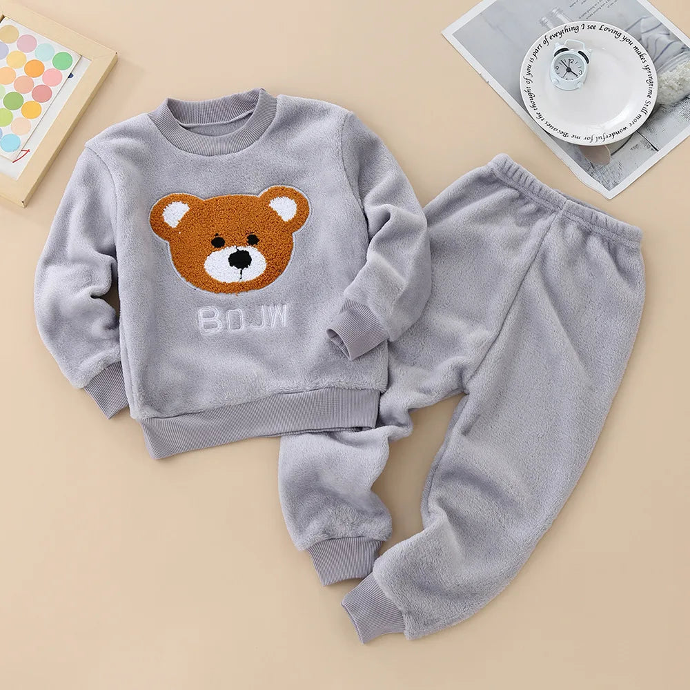 Kids Flannel Pajamas 2Pcs Warm Coral Fleece Sleepwear