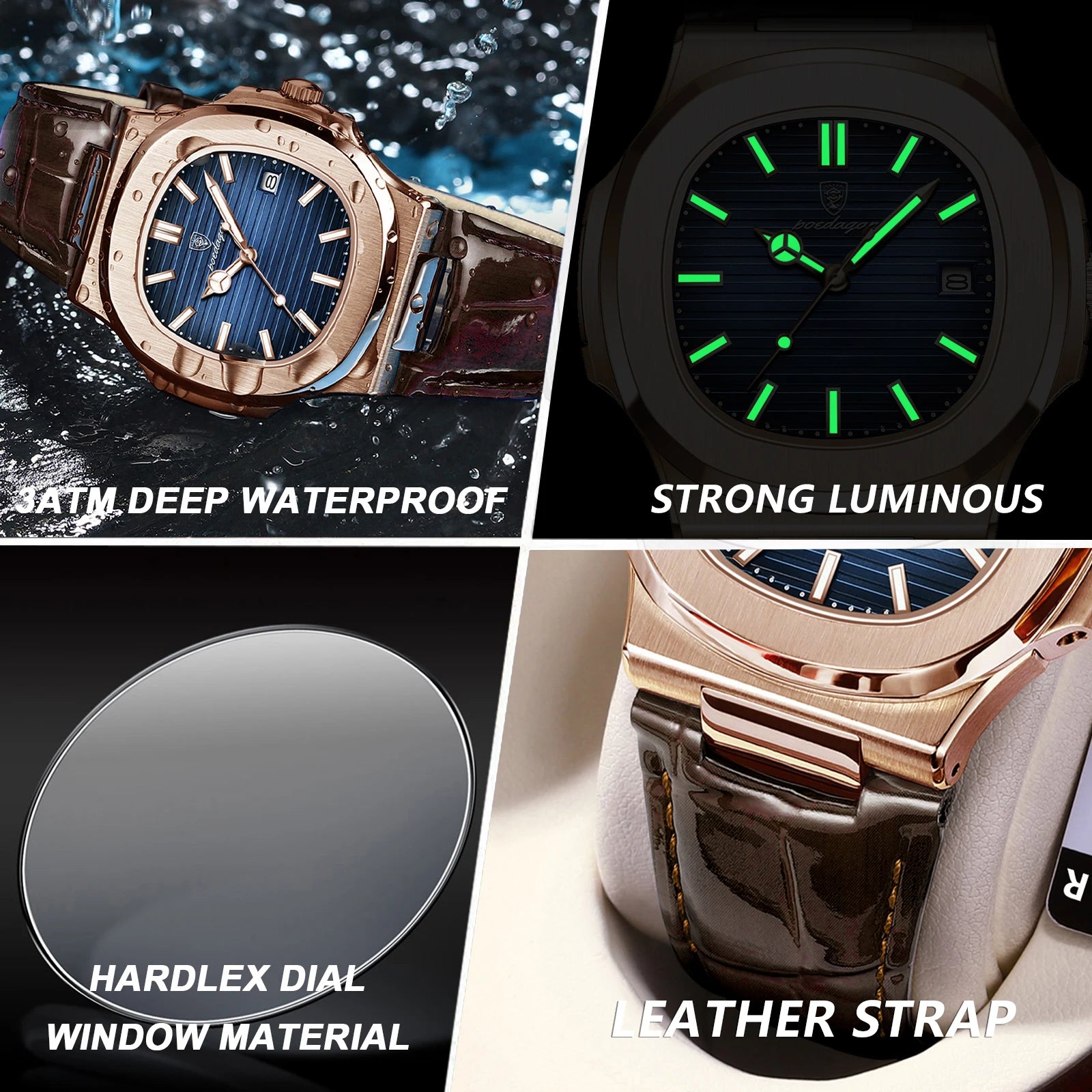 Men Leather Watch Square Waterproof Luminous Quartz Watch