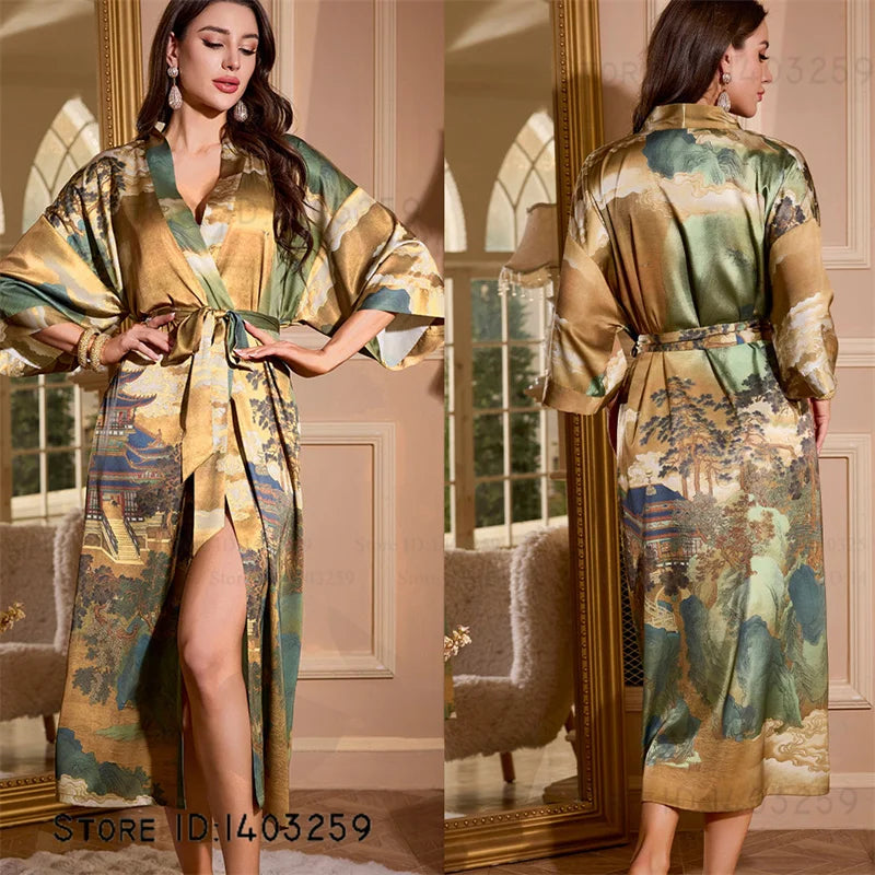 Satin Kimono Robe Chinese Style Long Bathrobe for Women
