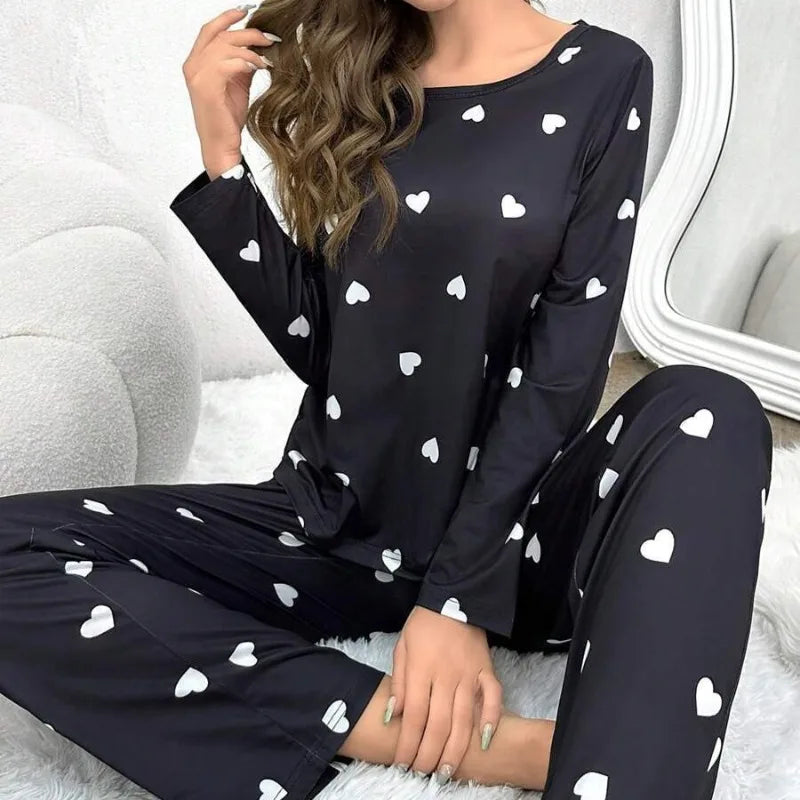 Women Pajamas Set Love Print Long Sleeve Sleepwear