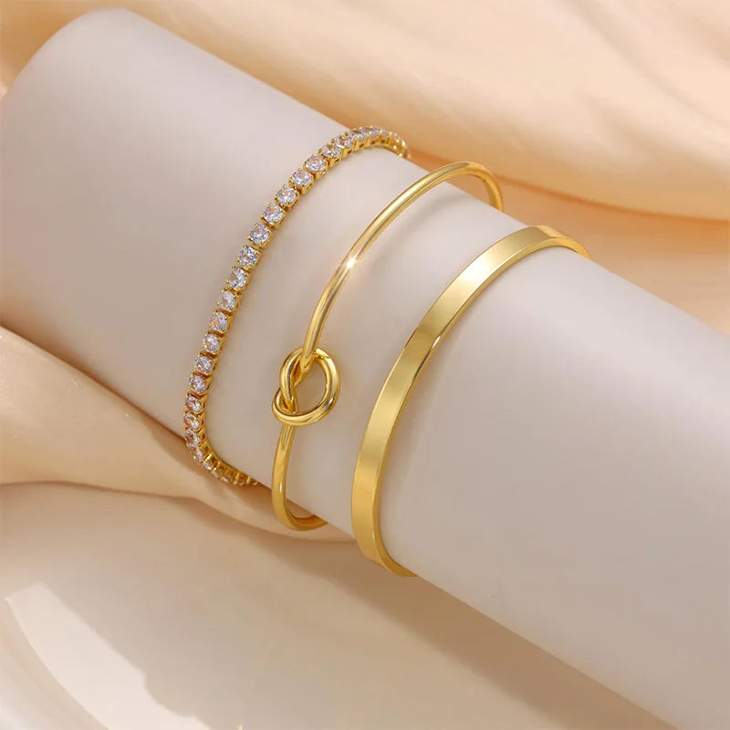 Gold Plated Bracelets 3pcs Stainless Steel Zircon Bangles