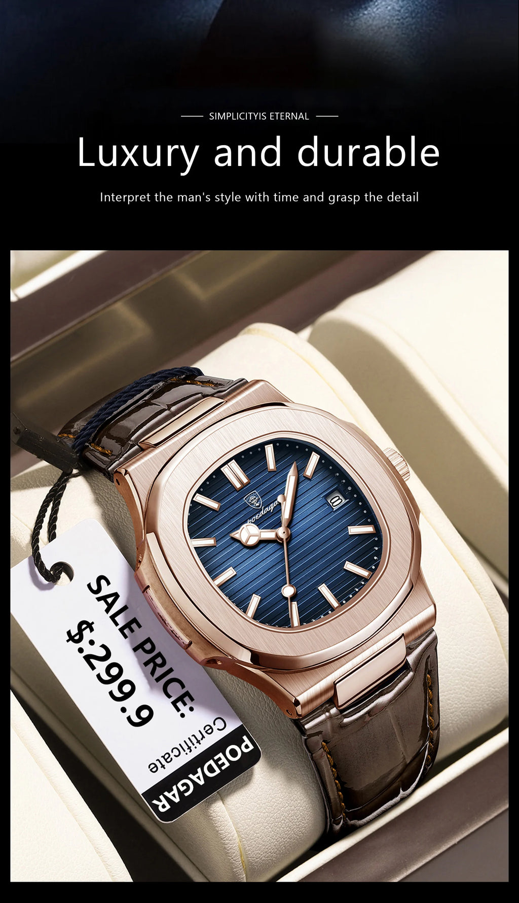 Men Leather Watch Square Waterproof Luminous Quartz Watch