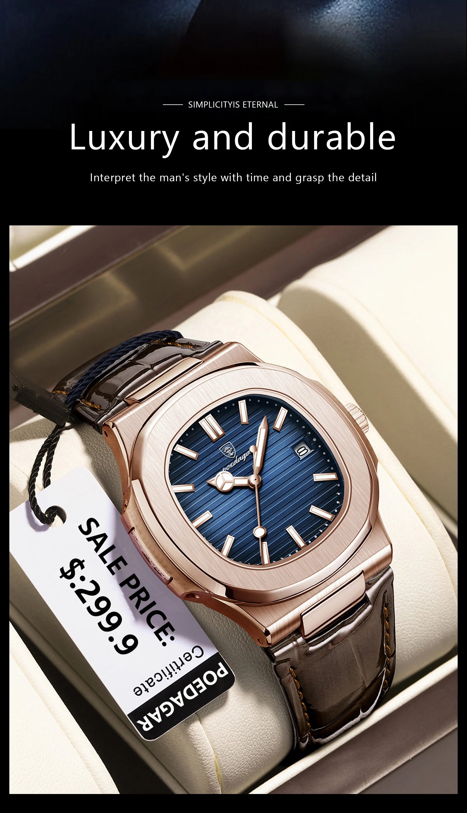 Men Leather Watch Square Waterproof Luminous Quartz Watch
