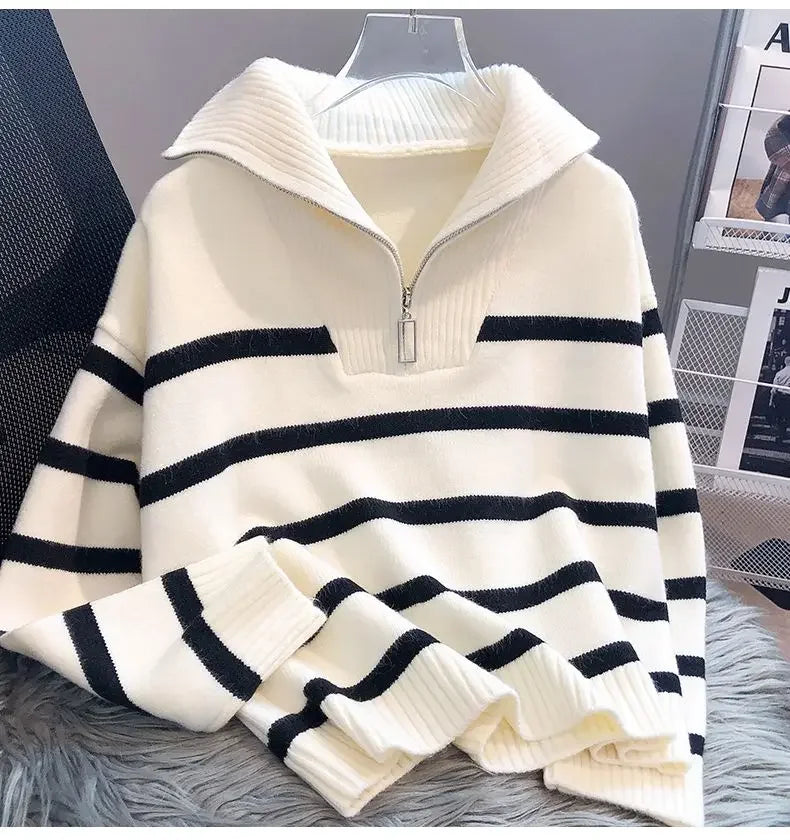 Women Pullover Sweater Zipper Stripe Short Style Top