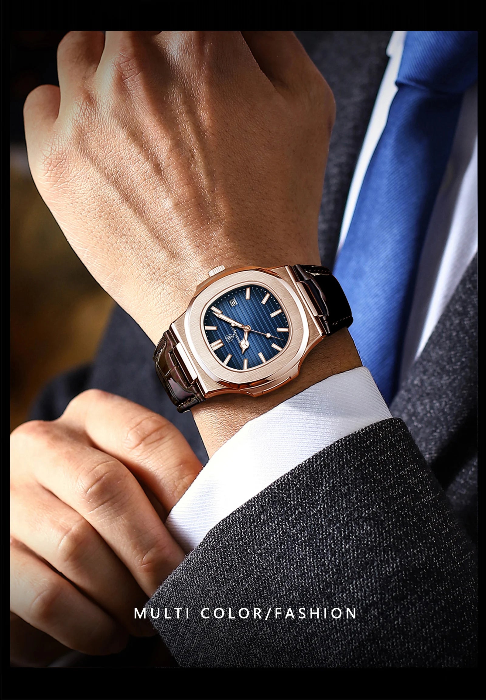 Men Leather Watch Square Waterproof Luminous Quartz Watch
