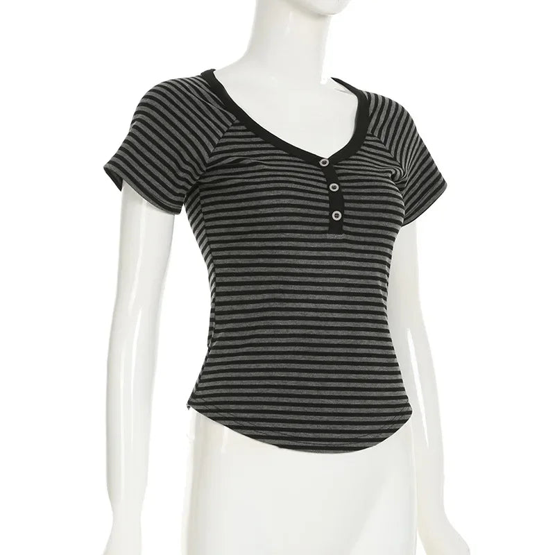 Goth T-Shirt Striped V-Neck Button-Up Slim Top