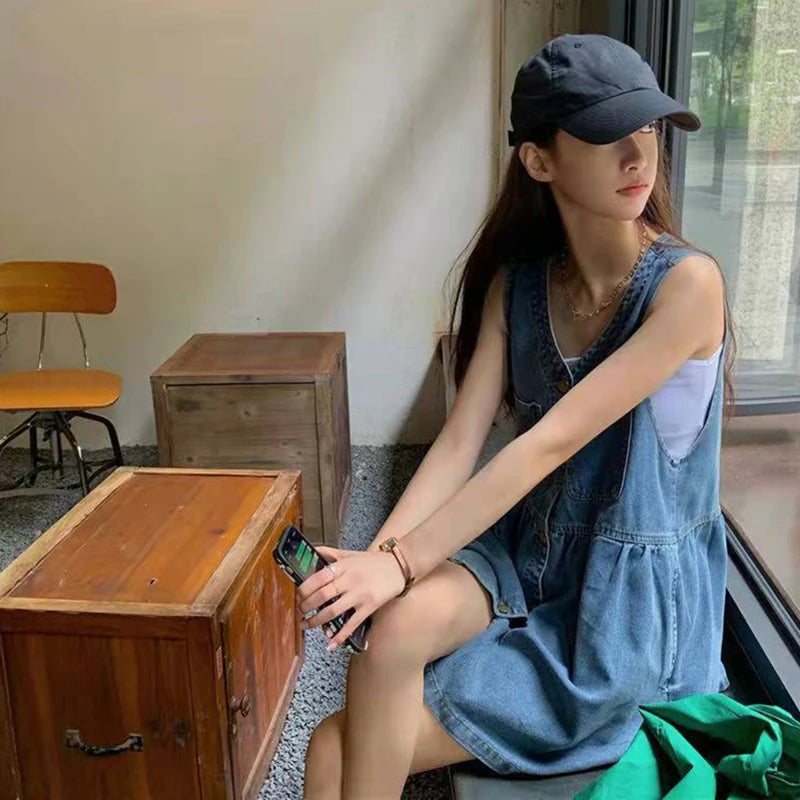 Denim Mini Dress Sleeveless A-Line Korean Style Dress