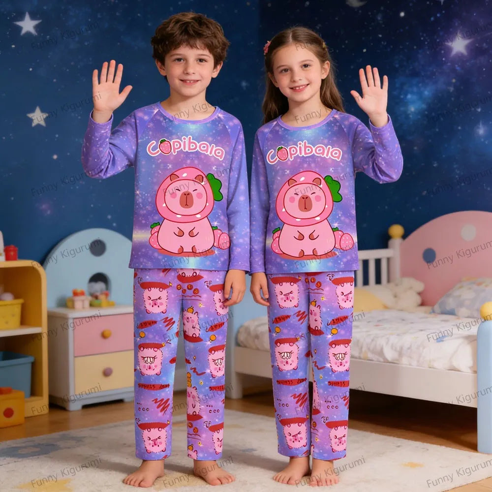 Kids Cartoon Pajama Set Capibara Long Sleeve Sleepwear