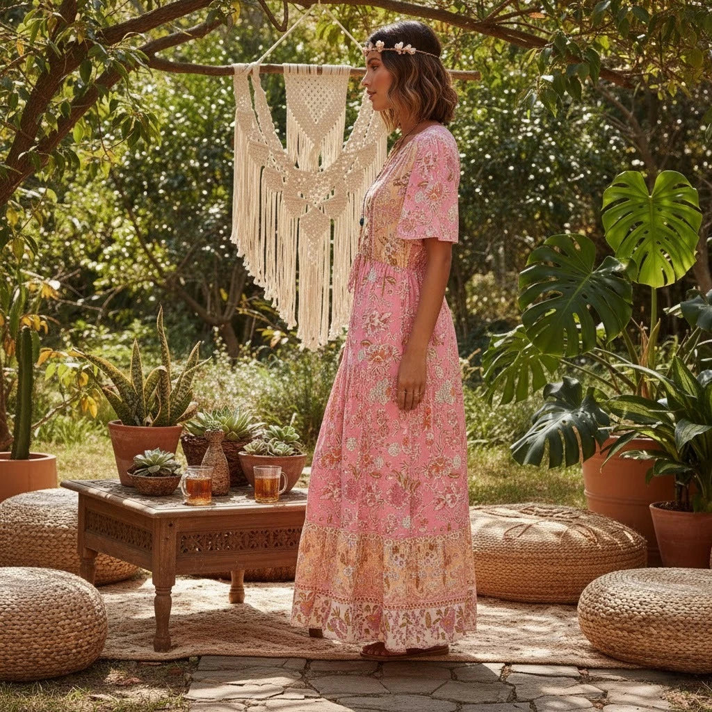 Bohemian Maxi Dress Floral Print Tie Neck Beach Dress