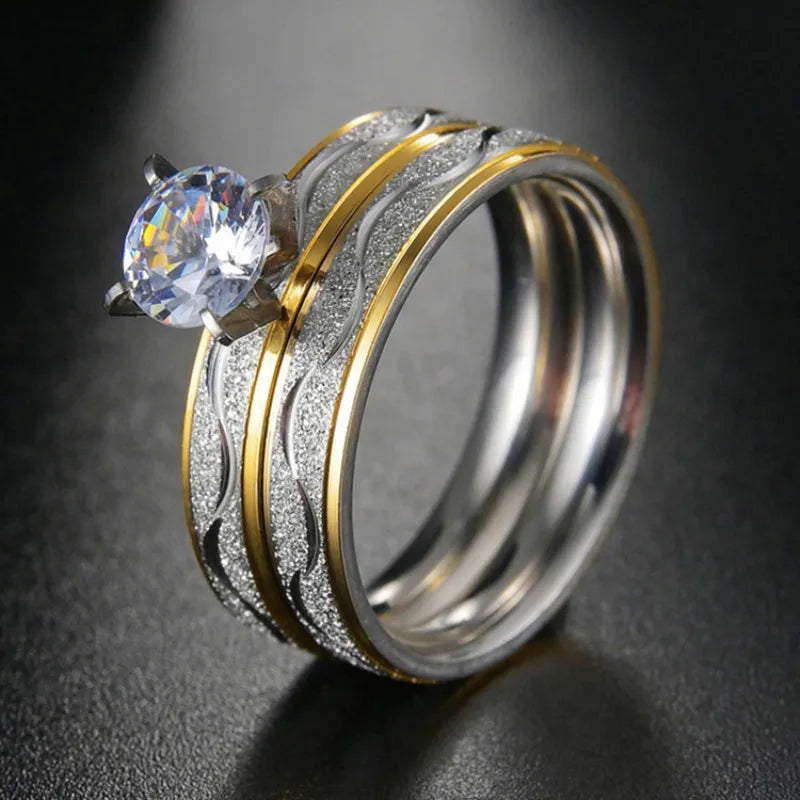 Couple Rings Zircon Women Ring and Stainless Steel Men Ring Set