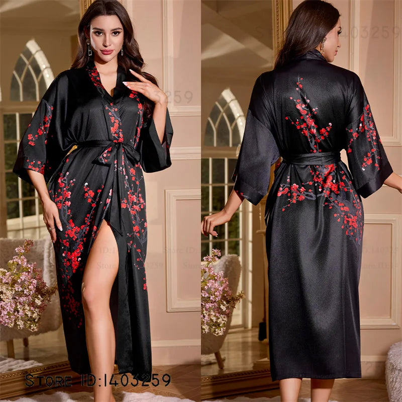 Satin Kimono Robe Chinese Style Long Bathrobe for Women
