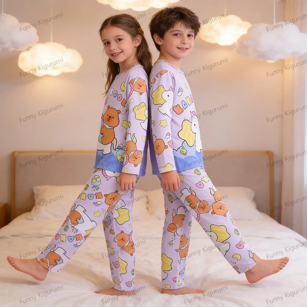Kids Cartoon Pajama Set Capibara Long Sleeve Sleepwear