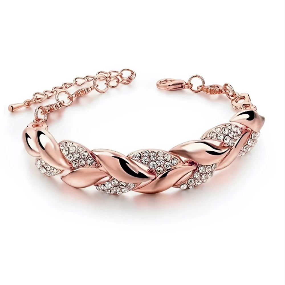 Luxury Braided Leaf Bracelet with Crystal Charm for Women