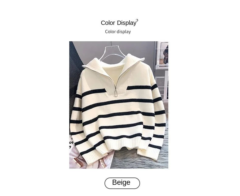 Women Pullover Sweater Zipper Stripe Short Style Top